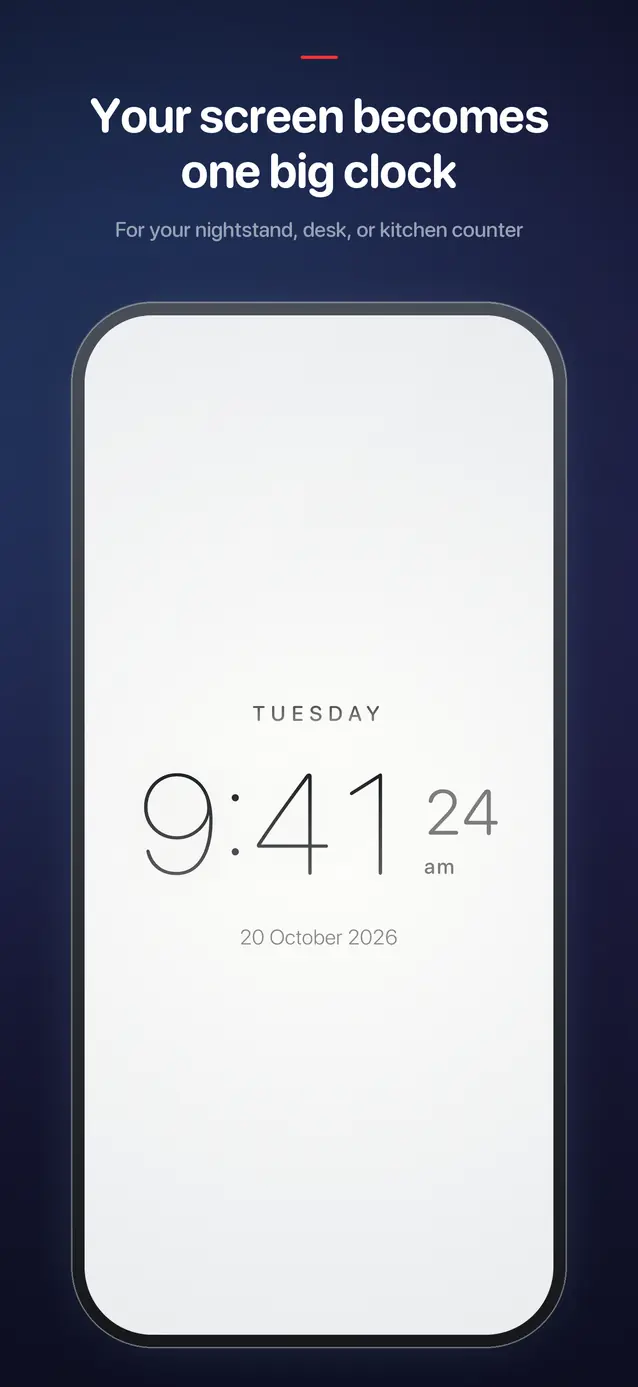 Big Time Clock filling the screen in its light theme, the time in large numerals above the day and date