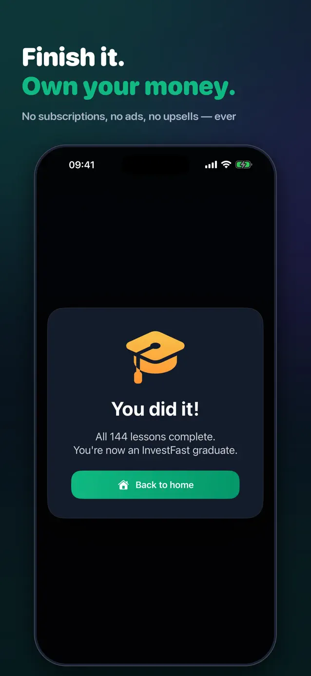The InvestFast graduation screen after all 144 lessons are complete