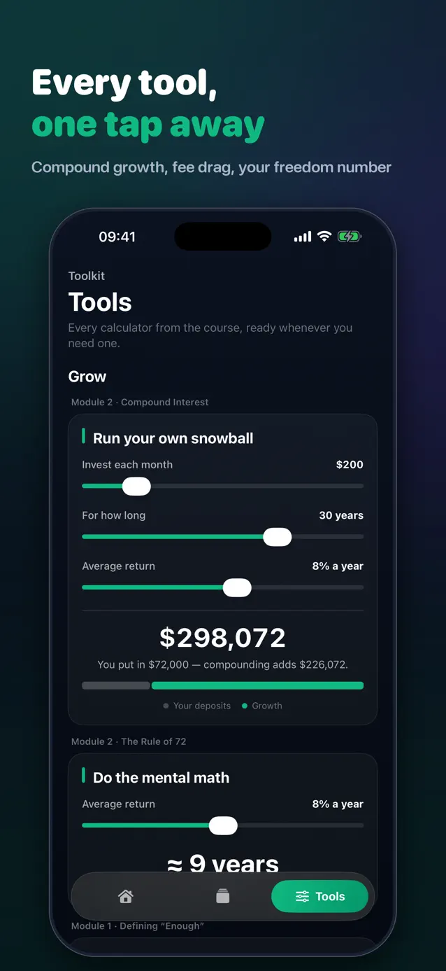 The InvestFast Toolkit tab, with every calculator from the course in one place