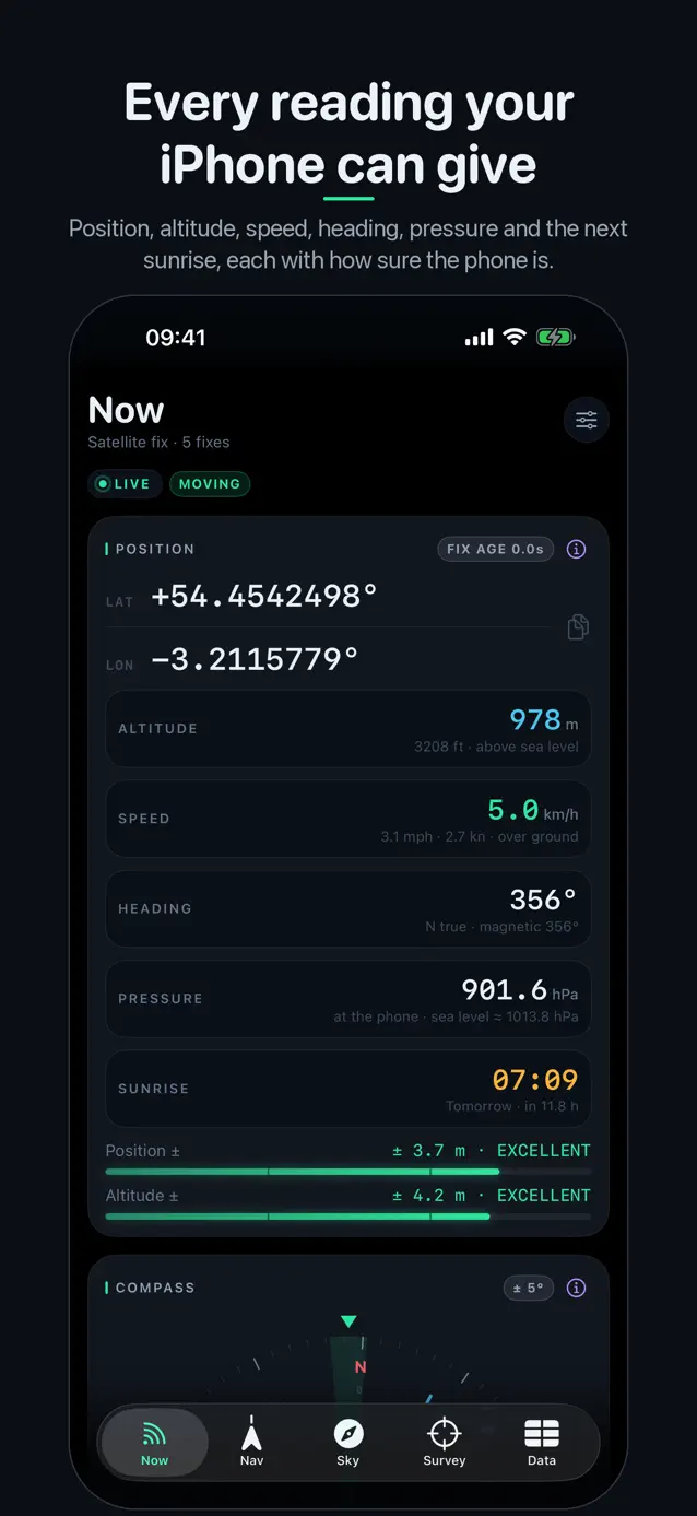SatData, the GPS and compass toolkit, running on iPhone