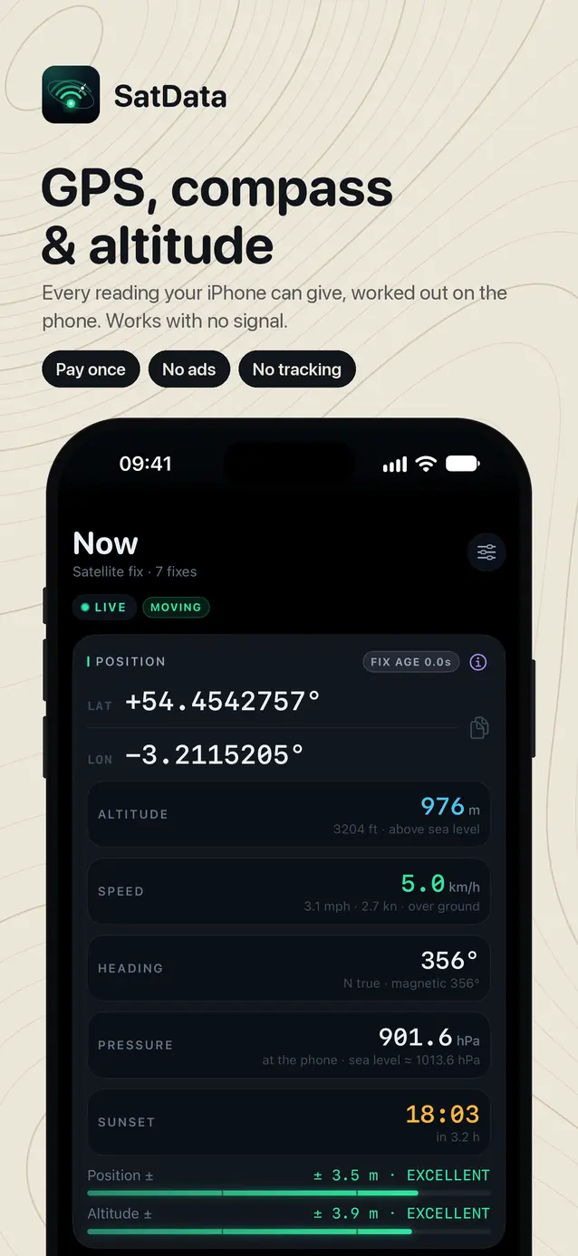 The SatData Now tab — latitude and longitude, altitude, speed, heading, air pressure and the next sunset, each with its accuracy