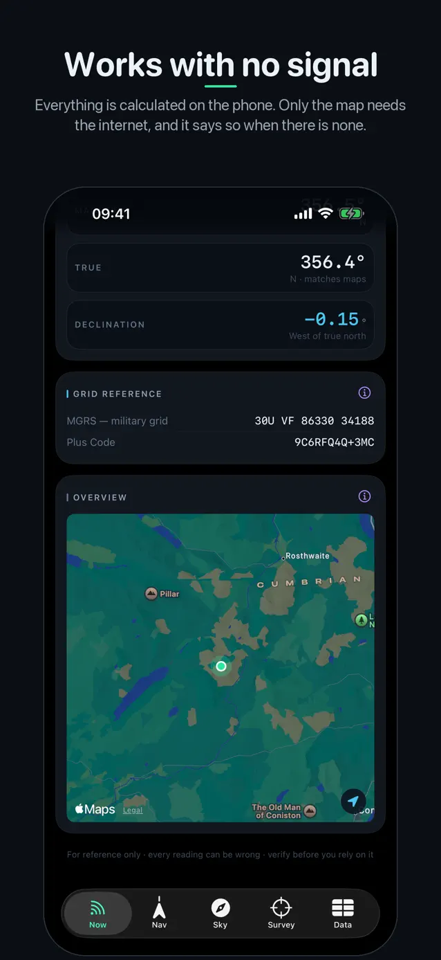 SatData's grid reference, Plus Code and an overview map of the current position