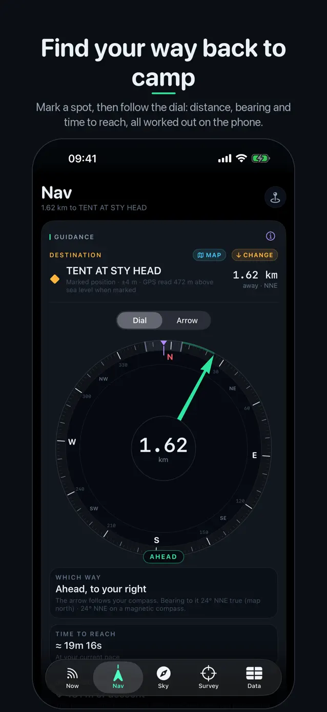 The SatData Nav tab guiding back to a marked waypoint on a compass dial, with distance and time to reach