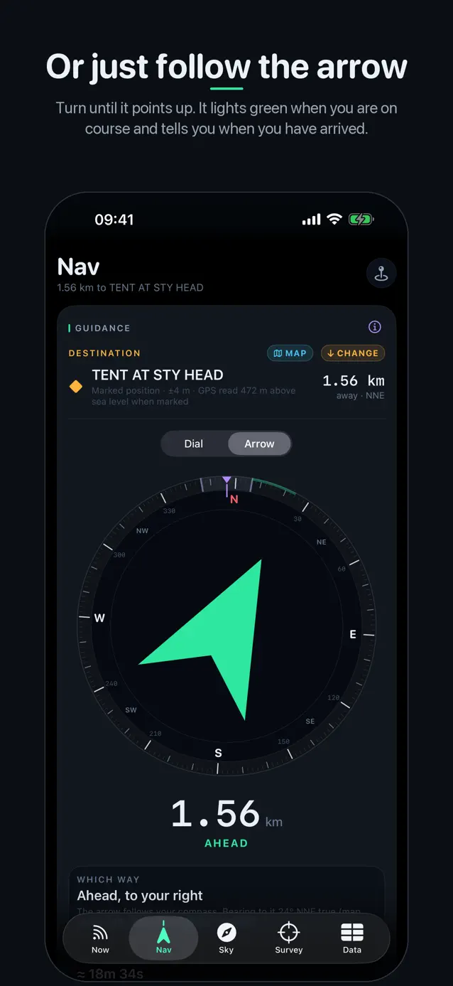 SatData's arrow view pointing the way to a waypoint, lit green when on course