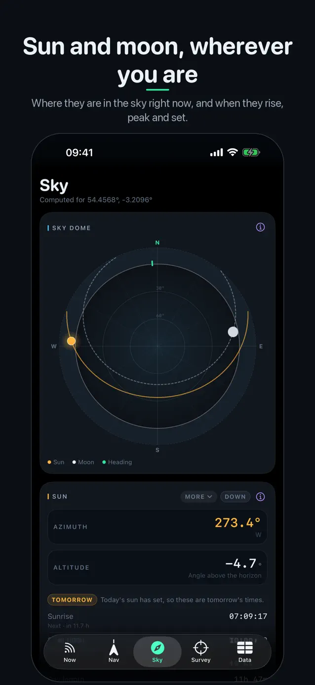 The SatData Sky tab — a sky dome with the sun and moon, and the sun's azimuth and altitude