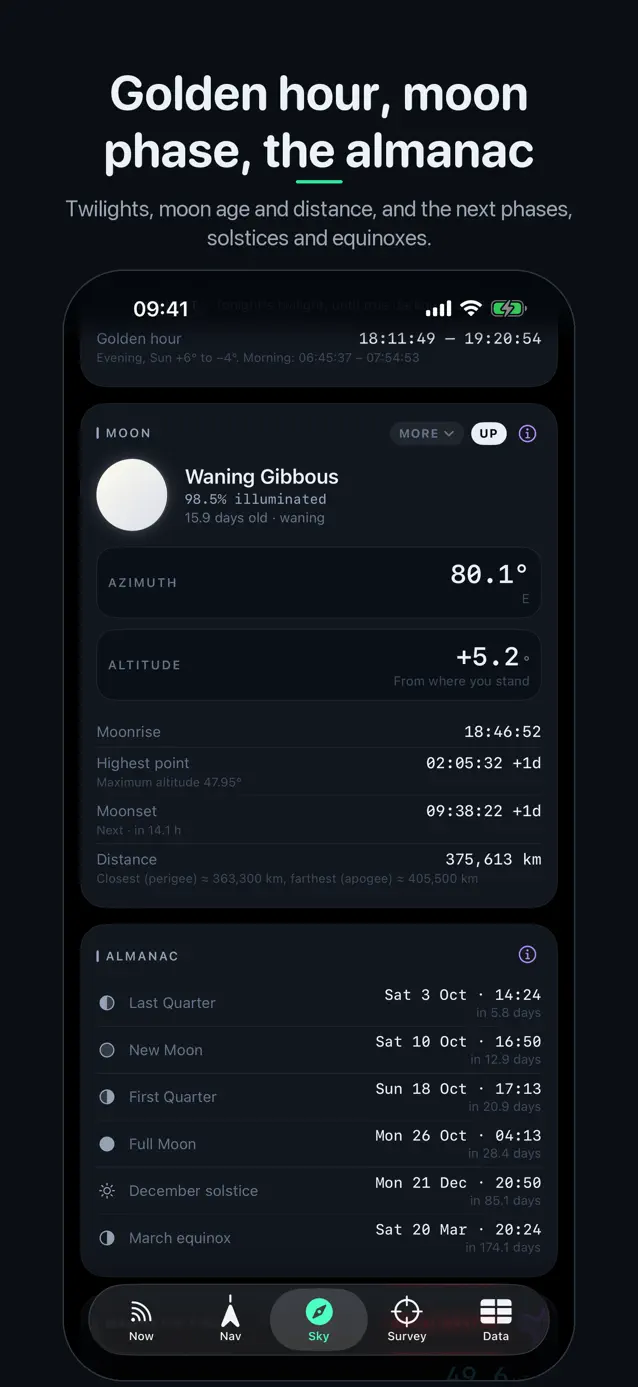 SatData's moon phase, moonrise and moonset times, and upcoming phases, solstices and equinoxes
