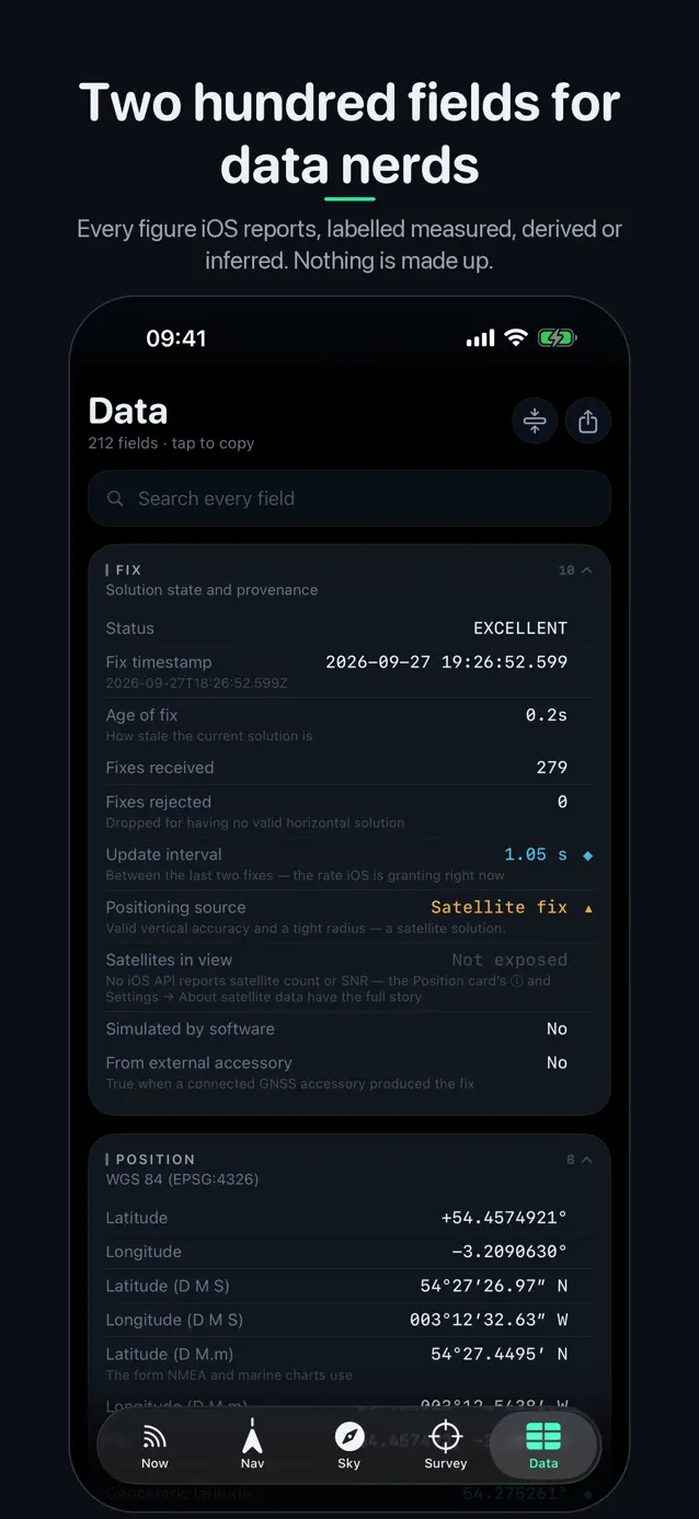 The SatData Data tab — a searchable list of about two hundred fields