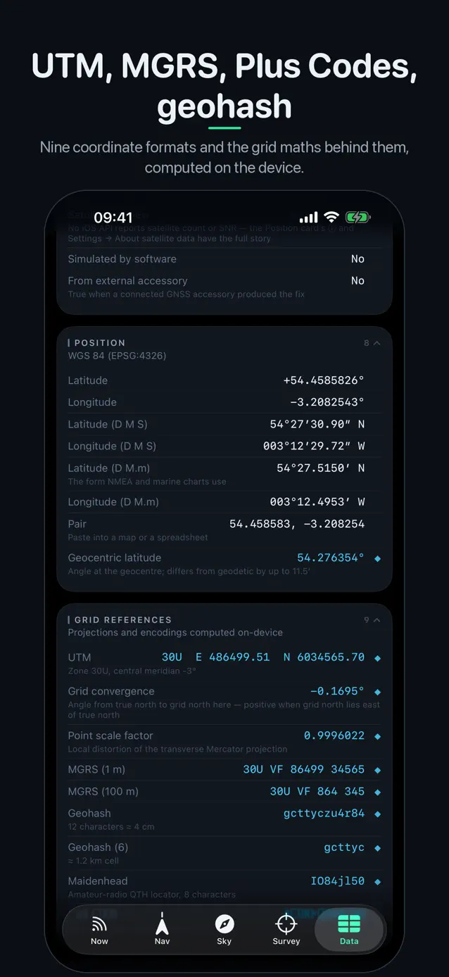 SatData showing a position as latitude and longitude, UTM, MGRS, geohash and Maidenhead