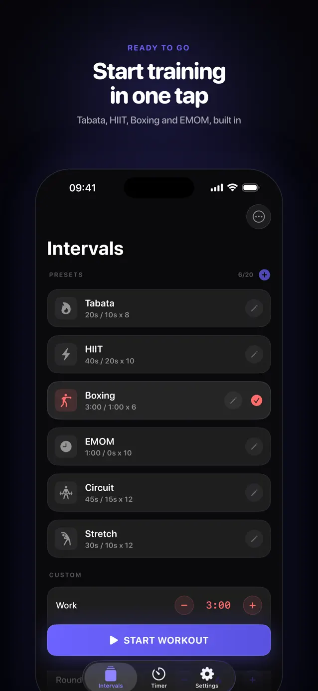 Surge preset list — Tabata, HIIT, Boxing, EMOM and Circuit, ready in one tap