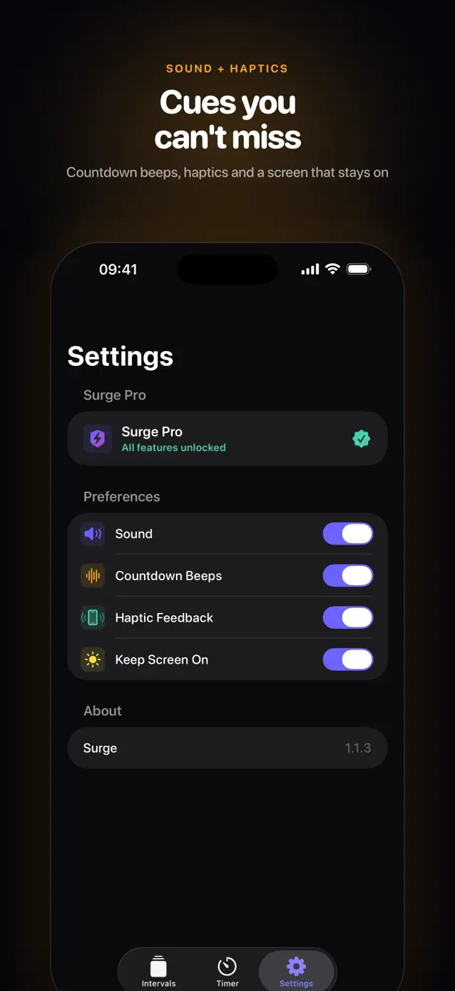 Surge audio cues and haptic feedback settings